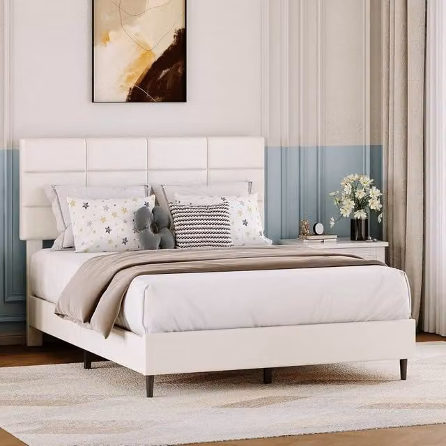 London Boutique Upholstered Double Bed Frame in Beige with Headboard, W/D/H: 135 x 190 x 110 cm – 1