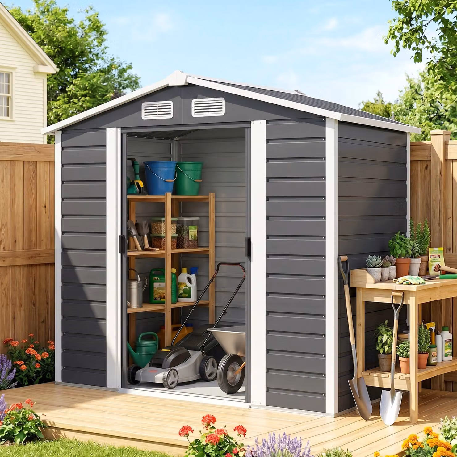 Outsunny Galvanised Steel Metal Garden Shed in Dark Grey with Double Lockable Doors and Vents, W/D/H: 213.36 x 114.0 x 158.0 cm – 2