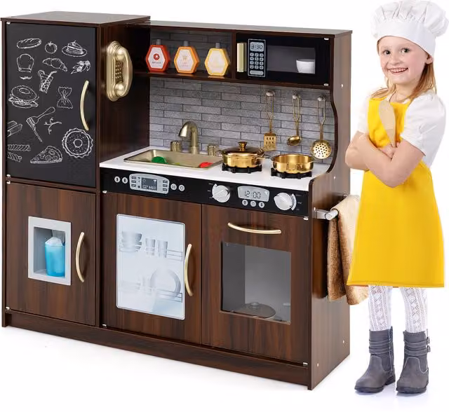 COSTWAY Toddler Kitchen Playset in Brown