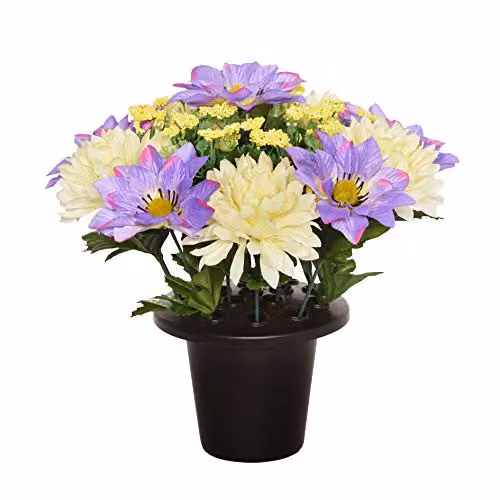 SF Artificial Cream, Ivory and Lilac Chrysanthemum and Clematis Memorial Grave Flower Pot with Vase Insert, Diameter: 25 cm