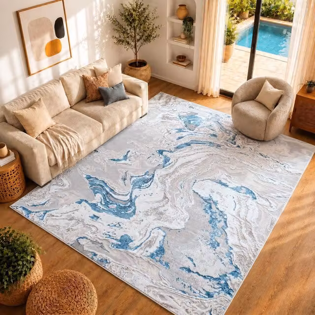 Livabliss Lustro Abstract Modern Marble Rug in Blue, Grey and Beige, W: 120 cm, L: 170 cm