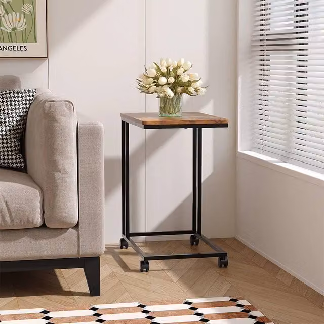 VOGREX Industrial Adjustable Height Side Table with Castors in Brown and Black – 1