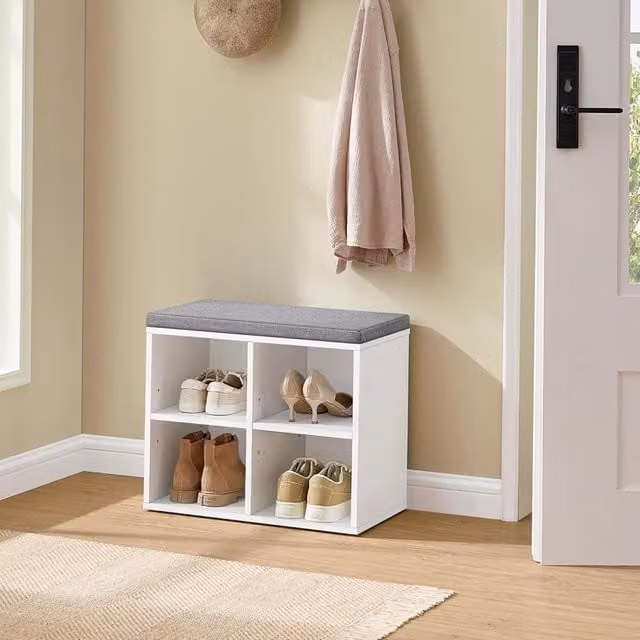 The Bazaarist Shoe Bench with Cushion and Storage Shelves in Cloud White
