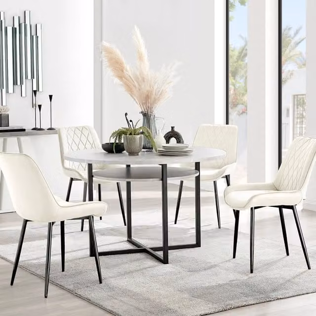 Furniturebox Adley Grey Concrete Effect Round Dining Table and 4 Pesaro Black Leg Chairs in Cream