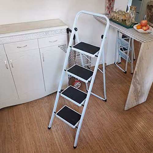 Gr8 Home 4 Step Foldable Steel Ladder Stool in White