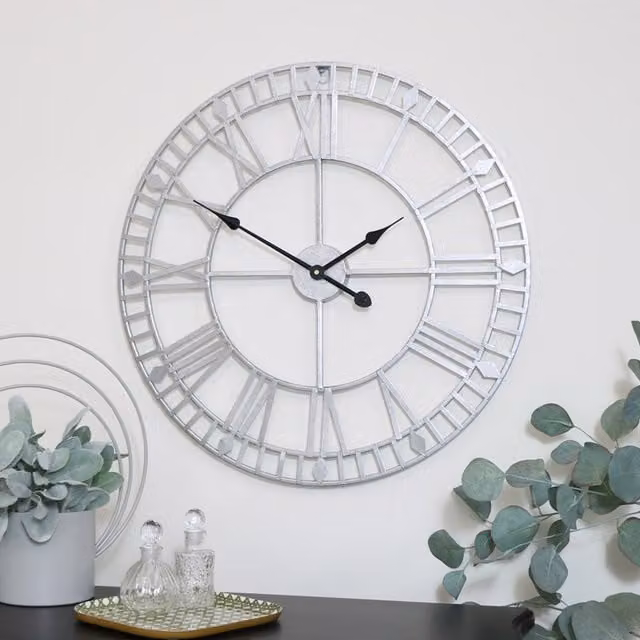 Melody Maison Silver Metal Skeleton Round Wall Clock, W: 60 cm, H: 60 cm