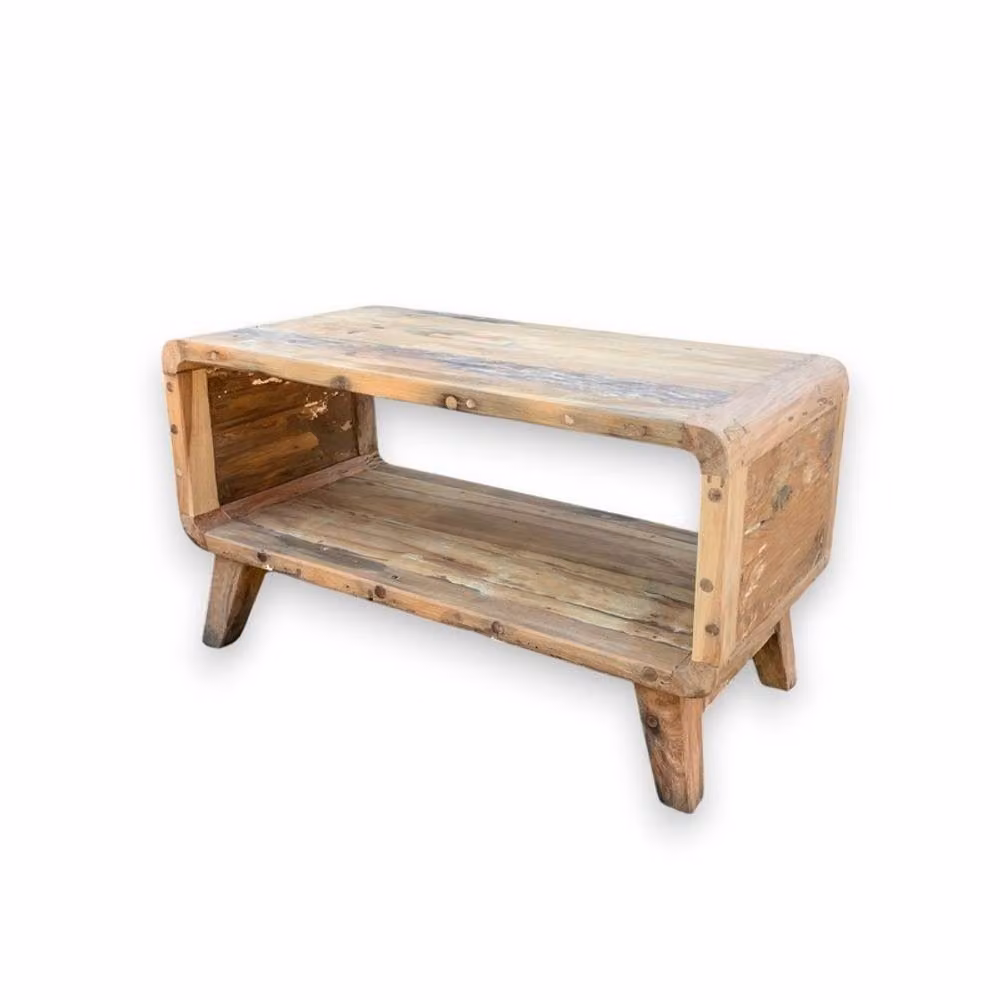 Serenityy Small Rounded Coffee Table in Brown Rustic Upcycled Teak Wood – 2