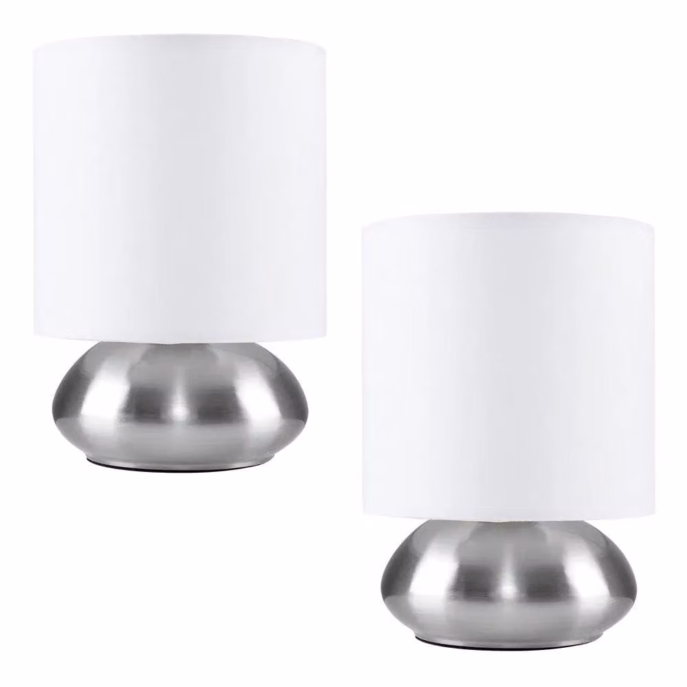 ValueLights Set of 2 Chrome Touch Table Lamps with White Fabric Shades, Dimmable – 2