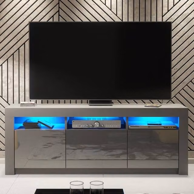 Creative Furniture Shine TV Unit in Grey with Glossy Doors and LED Lights, W: 160 cm, H: 60 cm, D: 35 cm
