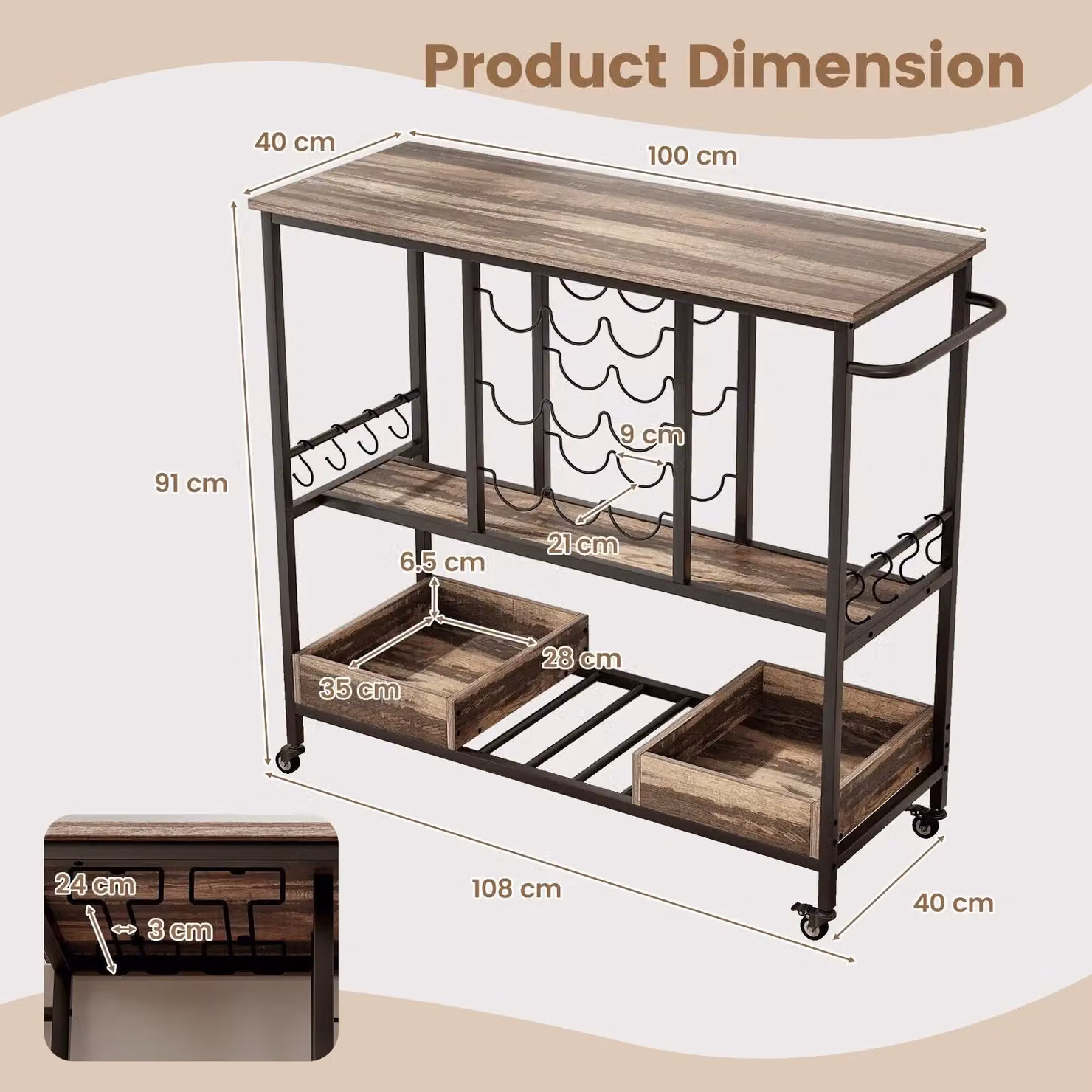 Costway 3 Tier Kitchen Bar Cart with Glass Racks in Grey – 2