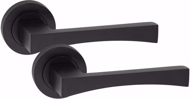 Golden Grace Matt Black Wave Latch Door Handles on Round Rose, 1 Pair