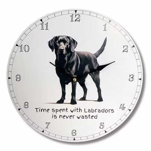 Animal Crackers Love Dogs Black Labrador Wall Clock with Time Spent With Labradors Is Never Wasted Slogan, Diameter: 33 cm