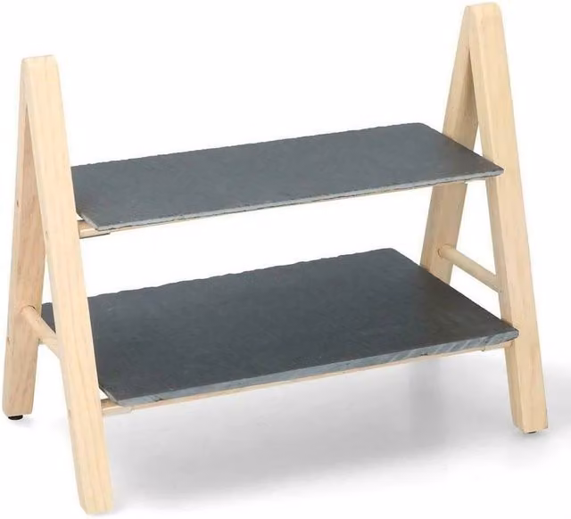 VOGREX 2-Tier Rectangular Wooden and Slate Cake Stand in Beige