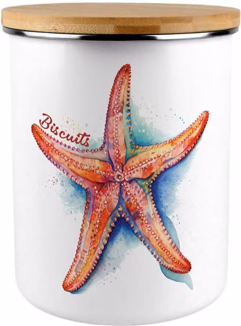 Purely Home Vibrant Starfish Extra Large Enamel Biscuit Tin in Orange and White