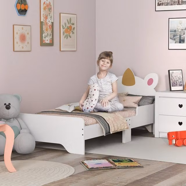 ZONEKIZ Unicorn Design Toddler Bed for Children Aged 3 to 6 Years, White