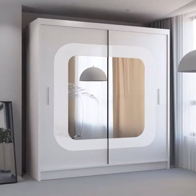 MN Furniture Modern White Glossy Wardrobe with Sliding Mirror Doors and Integrated LED Lighting W/H: 150 x 217 cm