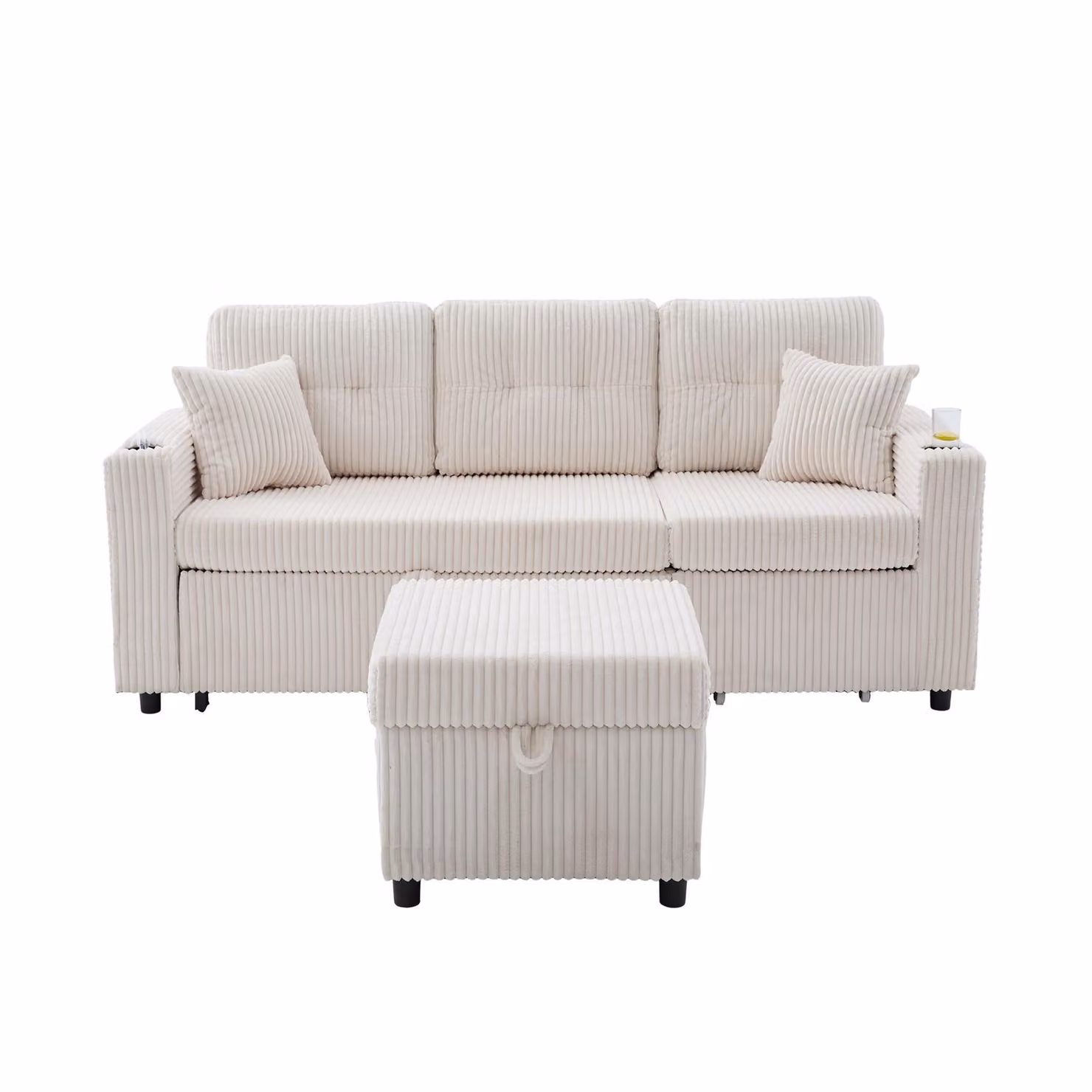 Aosom UK Multifunctional Beige Upholstered Sofa Bed with Hidden Storage, LED Lighting, USB Charging and Pull-Out Bed, W: 196 cm, D: 82 cm, H: 85 cm – 2