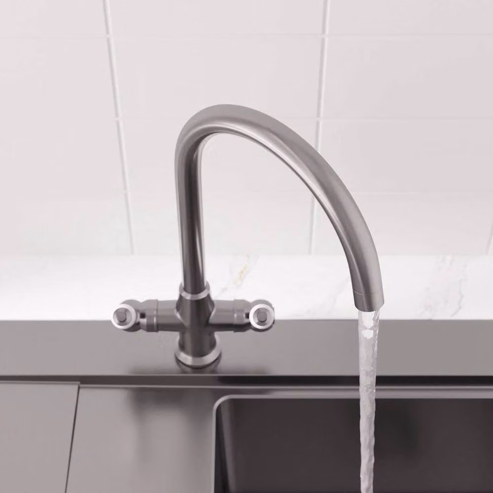 KORVIXA Traditional Mono Kitchen Sink Mixer Tap in Silver Brushed Metal with Two Handles – 2