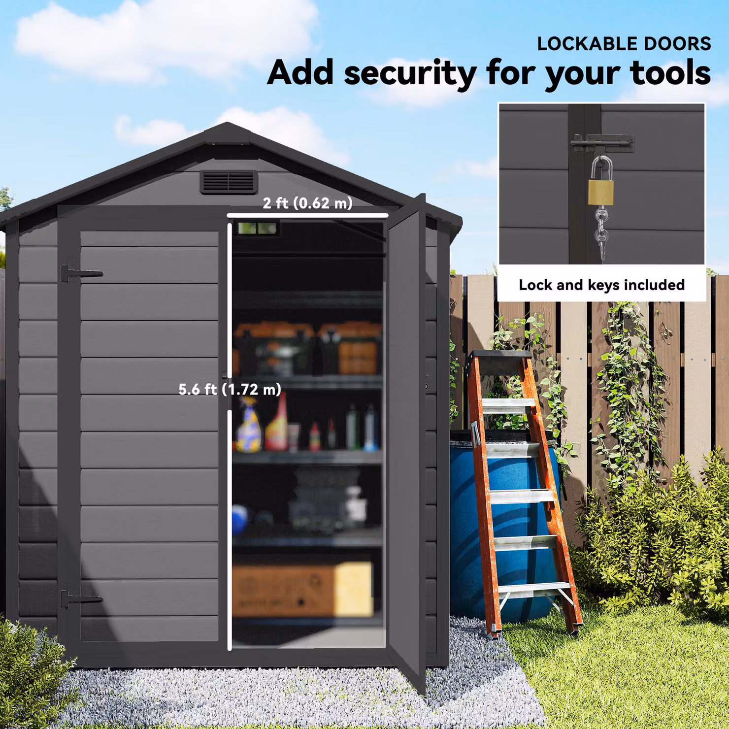 Outsunny Lockable Pent Garden Storage Shed with Double Doors, Window and Vent, Dark Grey, W: 182.88 cm, D: 134.0 cm, H: 182.88 cm – 7