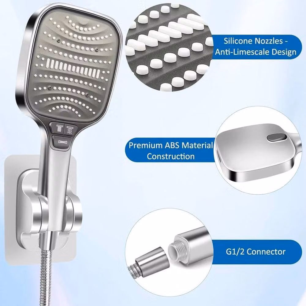 Kelvenix Water Saving Handheld Shower Head with 8 Jet Types in Silver and Chrome, Diameter: 52 cm – 4