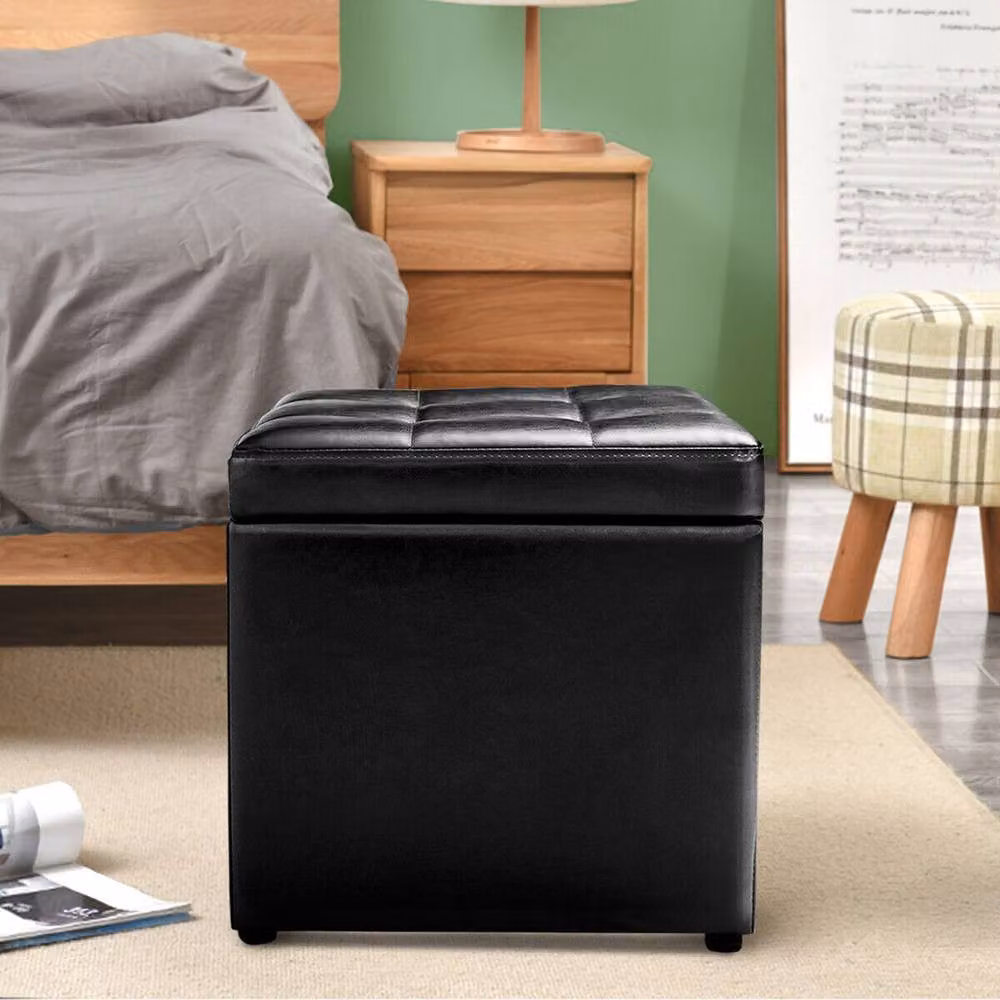 VOGREX Black Faux Leather Cube Storage Ottoman Footstool – 5