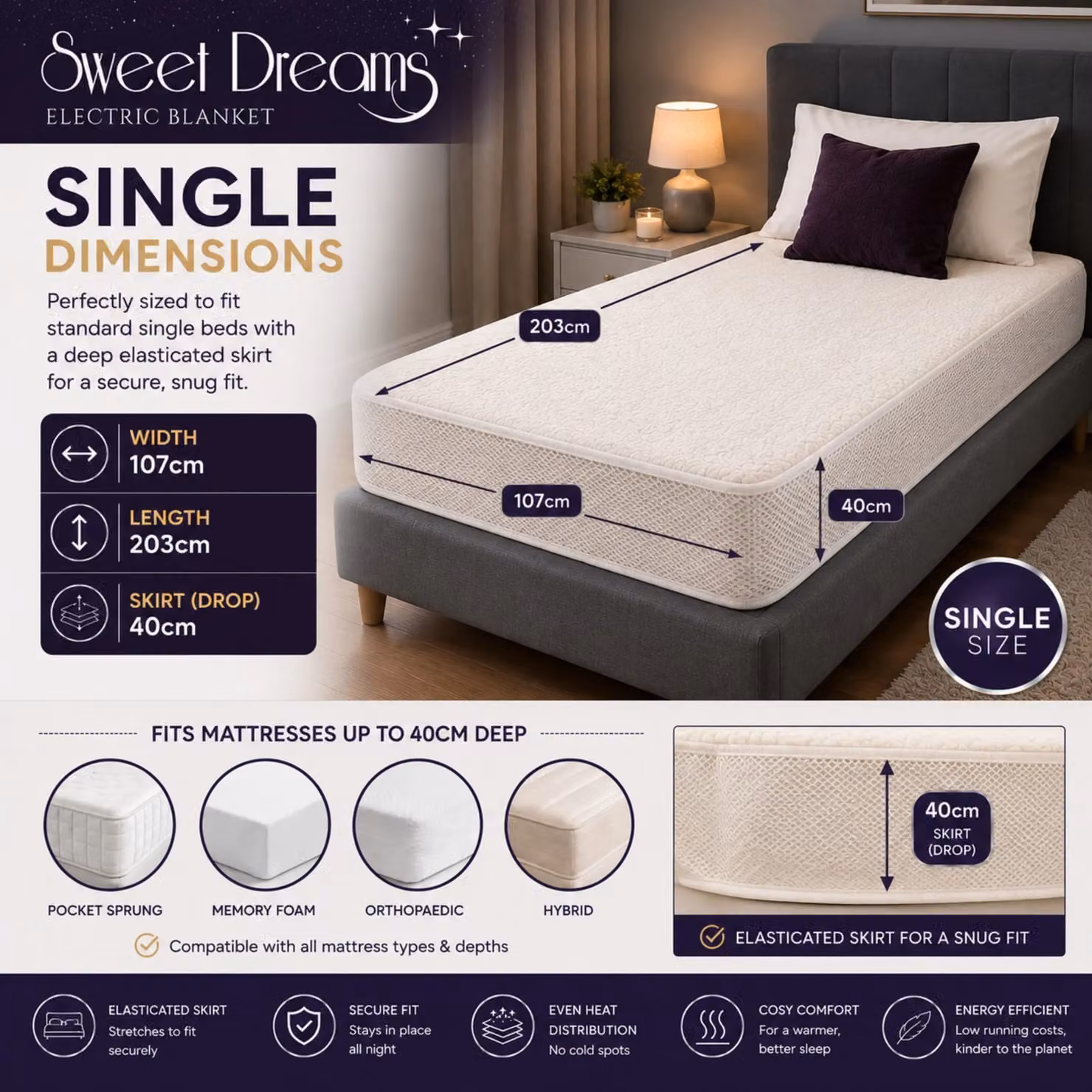 Sweet Dreams Single Fleece Heated Fitted Mattress Cover, White, W/D/H: 90 x 200 cm – 2