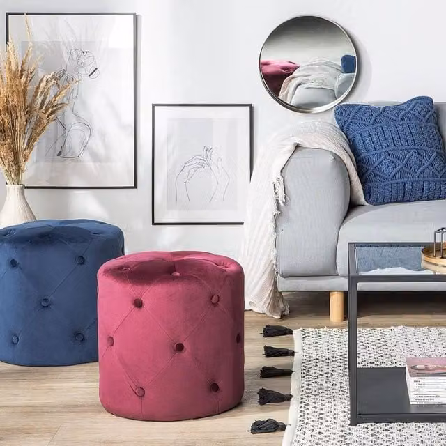 Wyld and Coco Chesterfield Round Tufted Velvet Pouffe in Blue – 1