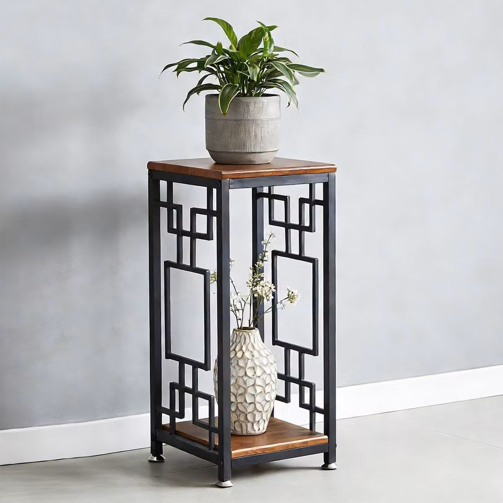 EONLION Double Basin Metal and Wood Flower Rack in Brown with Adjustable Base – 2