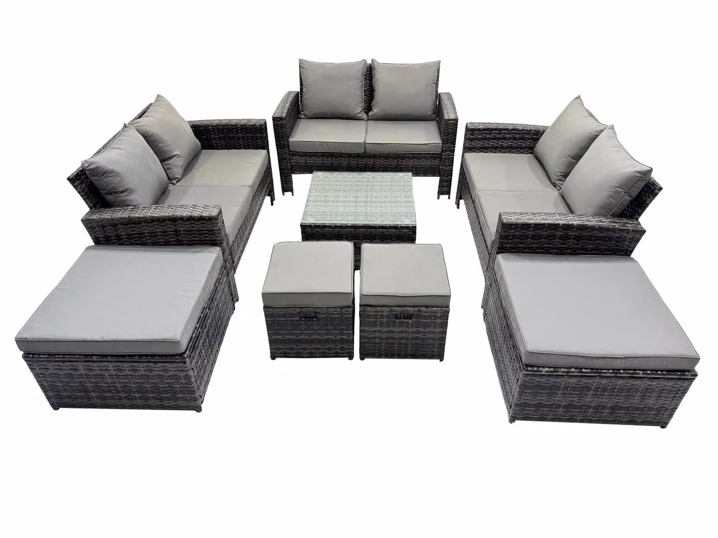 Fimous Lounge Double Seat Sofa, Coffee Table and 4 Stools Set in Dark Grey with Rattan, Metal and Glass Details – 2