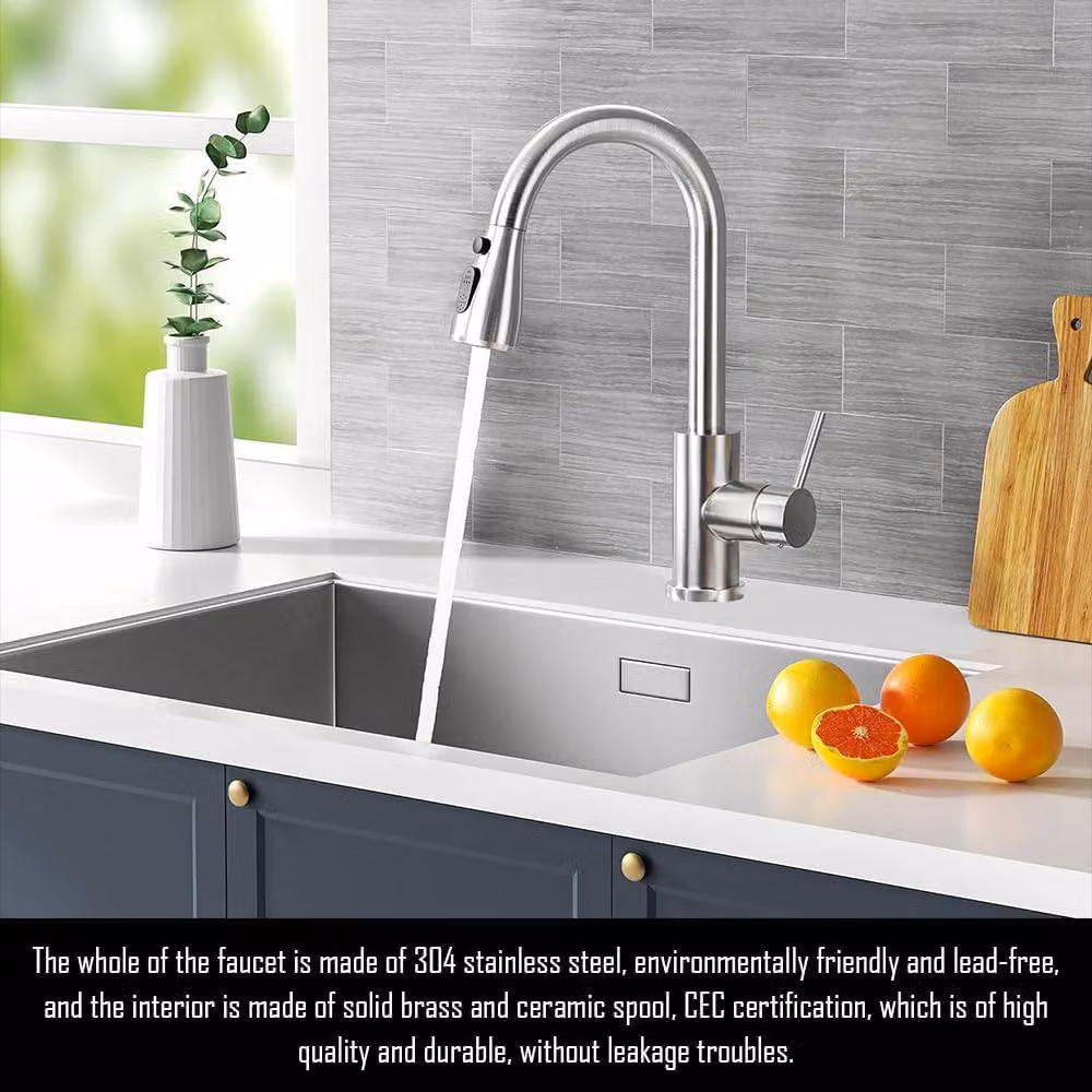 Ventryn Silver Modern Kitchen Mixer Tap with Single Lever and Brushed Steel Pull Out Swivel Spout – 3