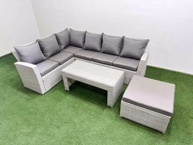 Fimous Outdoor 7 Seater L-Shape Corner Sofa Set with Ottoman and Coffee Table in Light Grey