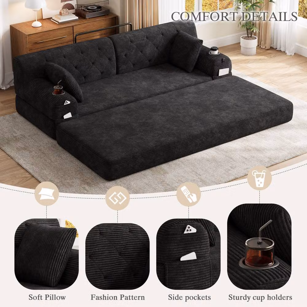 Matteo Black 3-Seater Corduroy Sleeper Sofa with Cup Holders and Metal Frame – 5