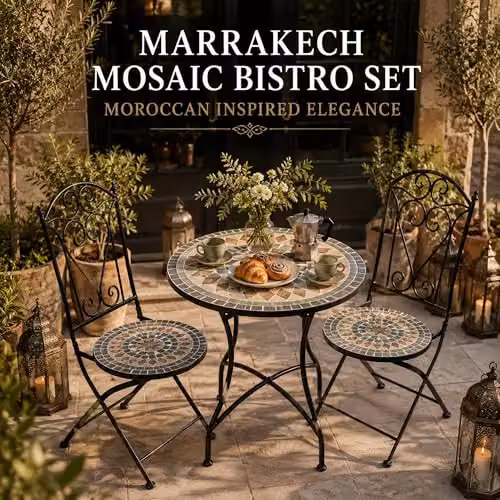 Shatchi Mosaic 3 Piece Bistro Set with Metal Chairs and 60cm Table in Multicolour – 4