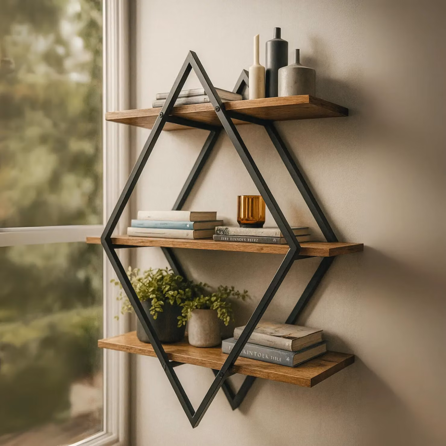 Rafaelo Mobilia Industrial 3 Tier Brown Wooden Diamond Shape Floating Wall Shelf – 2