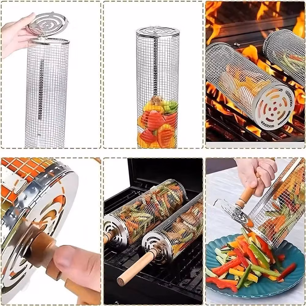 SPETLEK 2 x Stainless Steel Rolling Grilling Baskets for Outdoor Charcoal Grills in Silver, W: 100 cm, D: 15 cm, H: 31 cm – 4