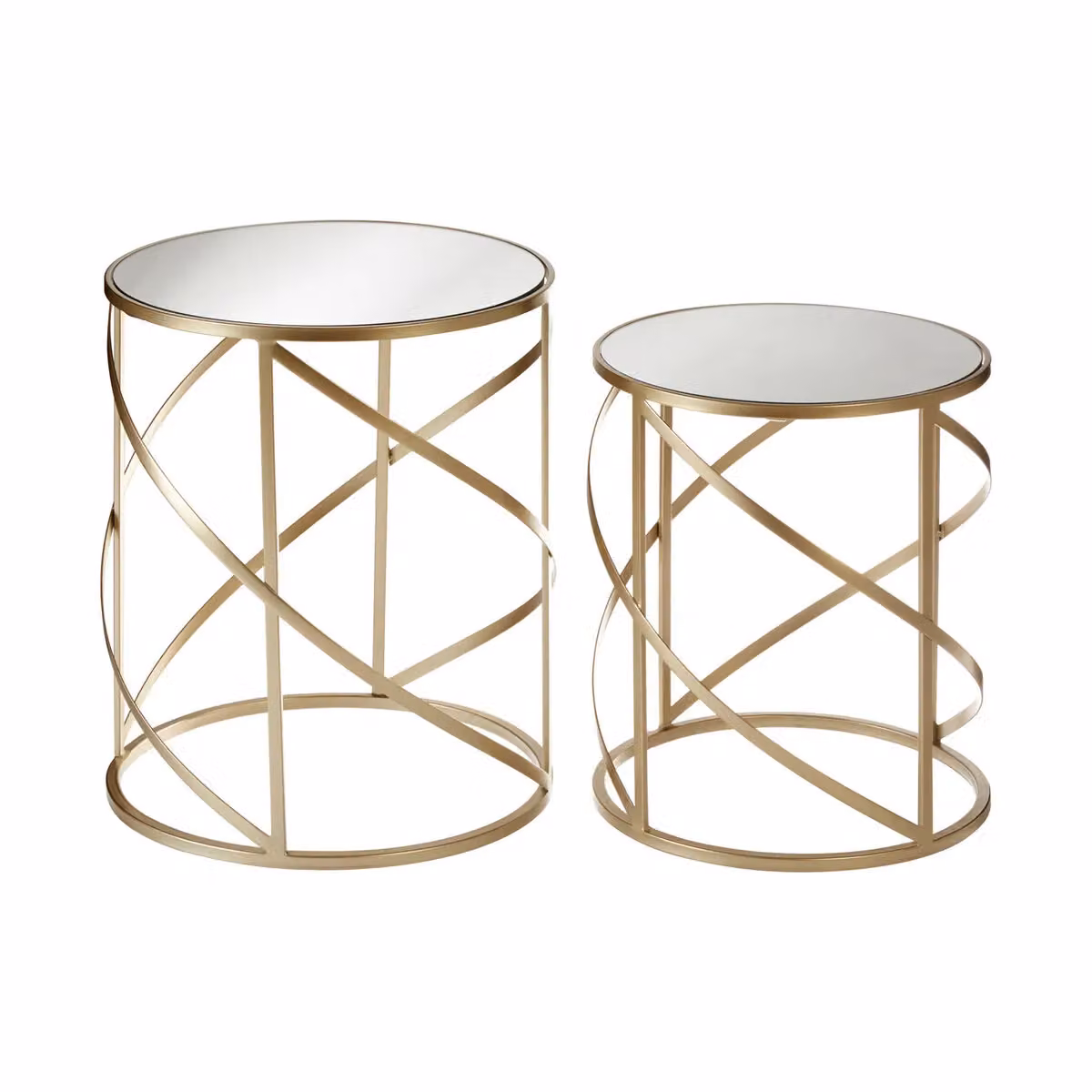 Orsina Set of 2 Champagne Swirl Nesting Side Tables with Gold Metal X-Frame and Glass Tops – 3