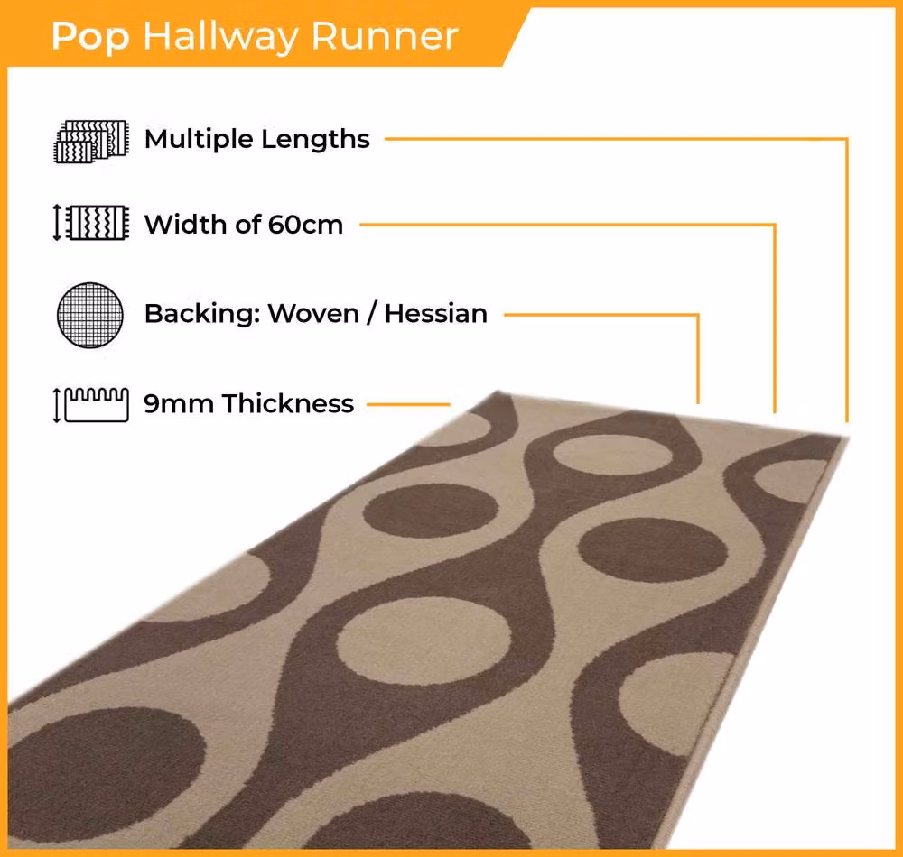 runrug Pop Hallway Carpet Runner Rug in Brown, W: 60 cm, L: 300 cm – 2
