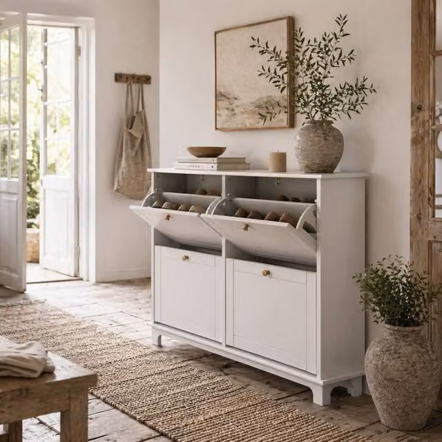 Wyld Haus Zisuka White Slim Shoe Cabinet with 4 Tilting Compartments and Gold Details, Fits up to 16 Pairs – 1