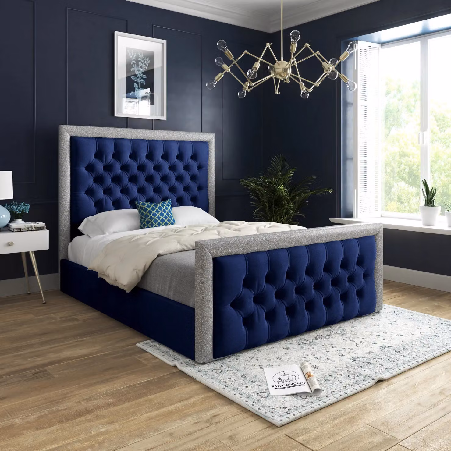 Casani Rincon Glitter Border Upholstered Soft Velvet Designer Bed Frame in Blue, Small Single – 2