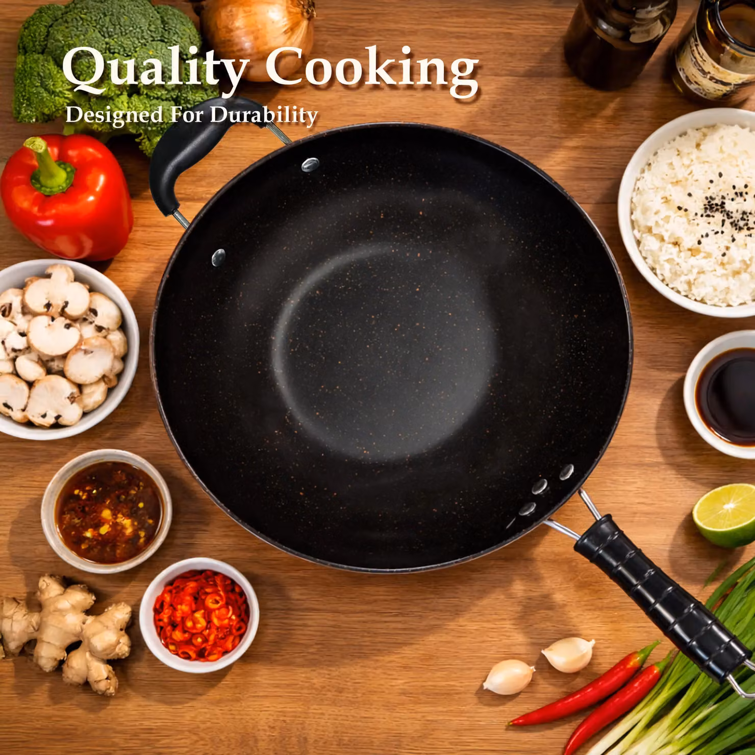 Carter & Clay Copper Finish Non Stick Carbon Steel Wok with Dual Helper Handle, 30cm – 5