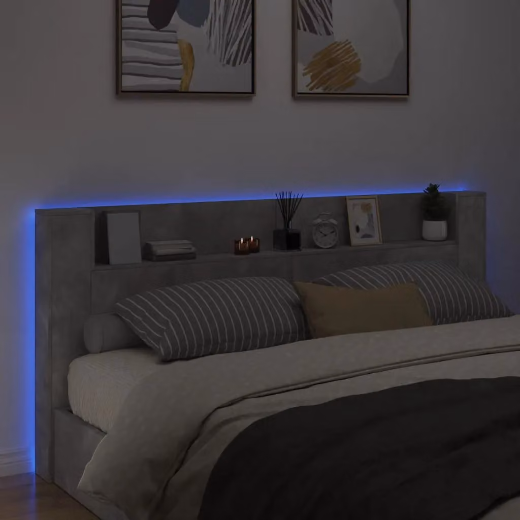 Berkfield Home Modern Headboard Cabinet with LED Lighting and USB Charging Port, Concrete Grey, W: 220 cm, D: 16.5 cm, H: 103.5 cm – 3