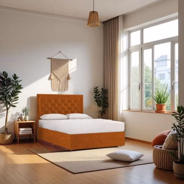 Knight Sleep Ellis Plush Super King Bed Set in Orange with Hybrid Mattress, 2 Drawers and 24 inch Headboard, W/D/H: 200 x 200 cm