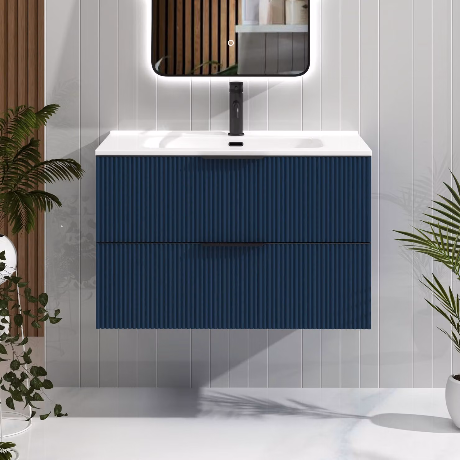 Royal Bathrooms Evora 800mm Midnight Blue Fluted Wall Hung Vanity Unit with 2 Drawers, Ceramic Basin and Matt Black Handles