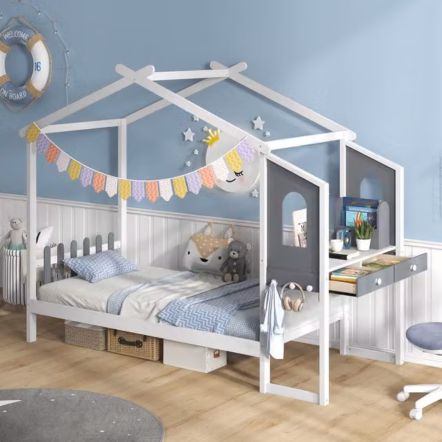 COSTWAY Montessori House Bed Frame with Desk and Drawers in White, W/D/H: 90 x 190 cm