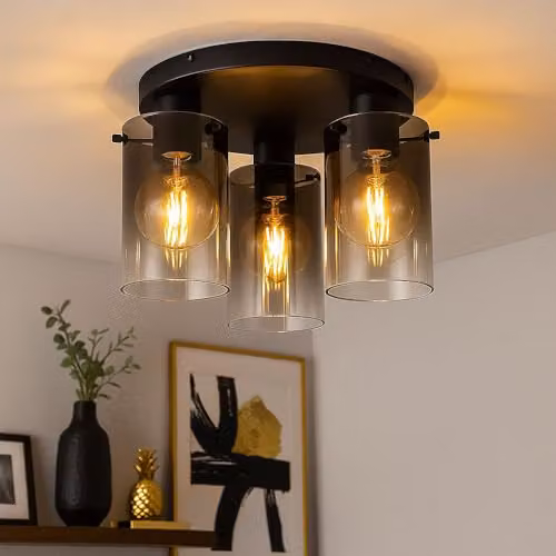 Netlighting Florentina Shade Cluster Ceiling Light in Black with Transparent Grey Glass Shades, 3x E27, Diameter: 40.5 cm – 2