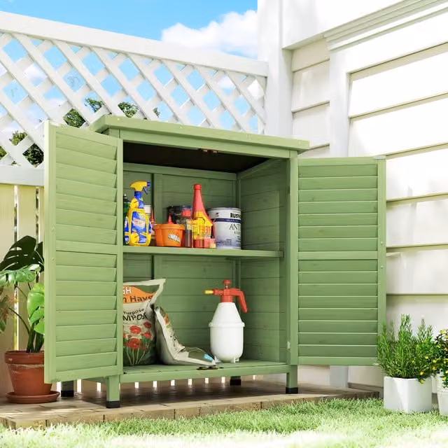 Outsunny Lacquered Wood Garden Storage Unit with Roll Shutter and Internal Shelves, Green