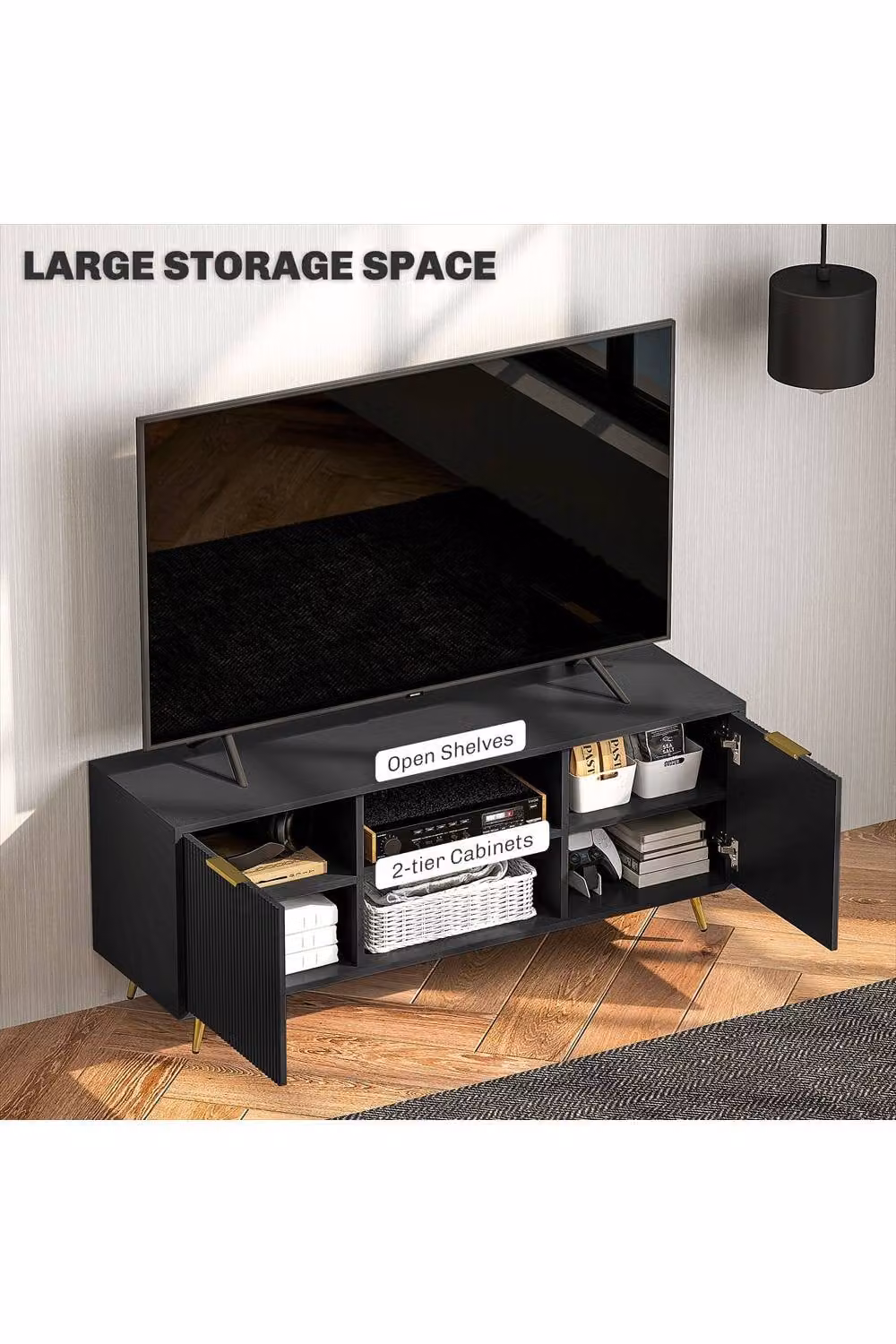 ERGOVEXA Modern Black MDF TV Stand Cabinet with Media Compartments and Grommet, W/D/H: 120 x 35 x 48 cm – 3