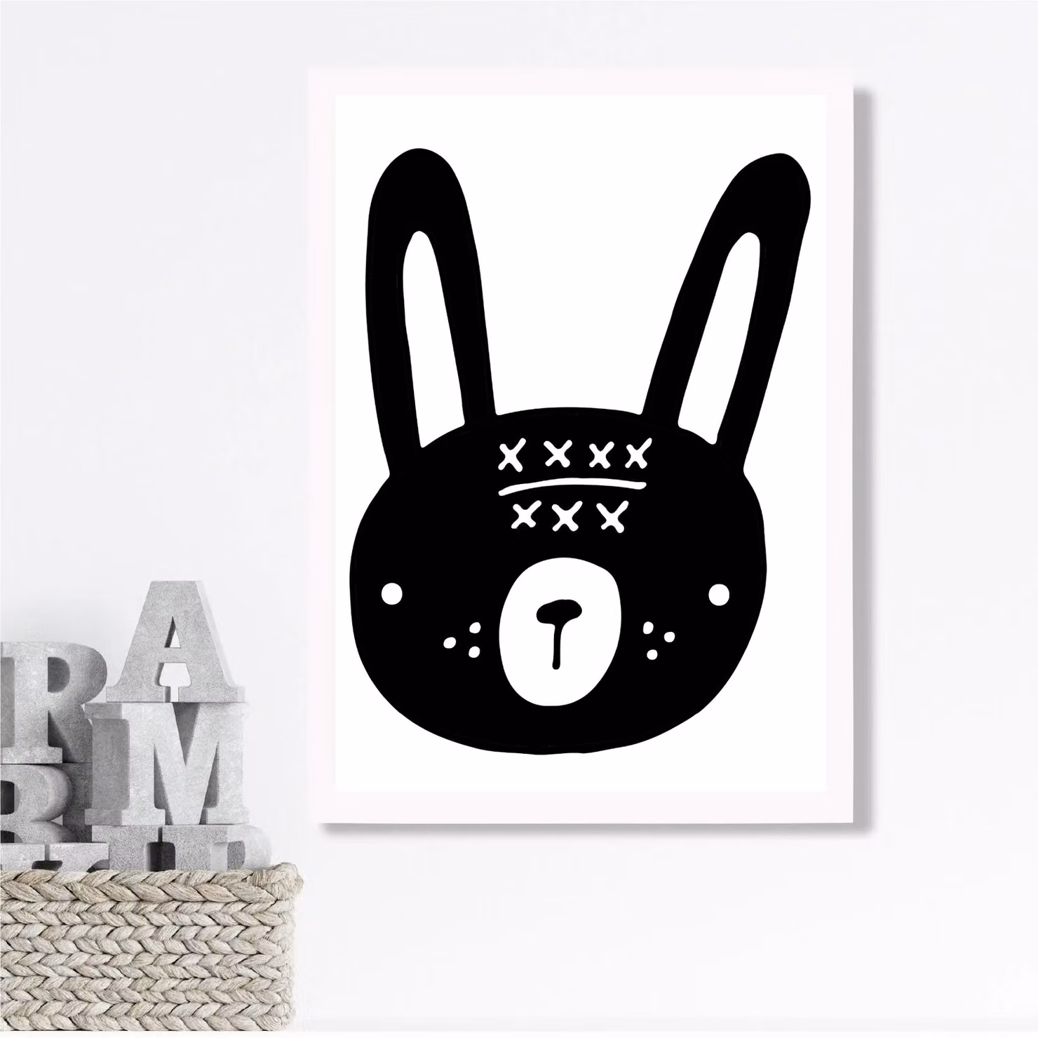 ARTZE Scandi Black Rabbit Framed Animal Paper Poster in White Frame – 2