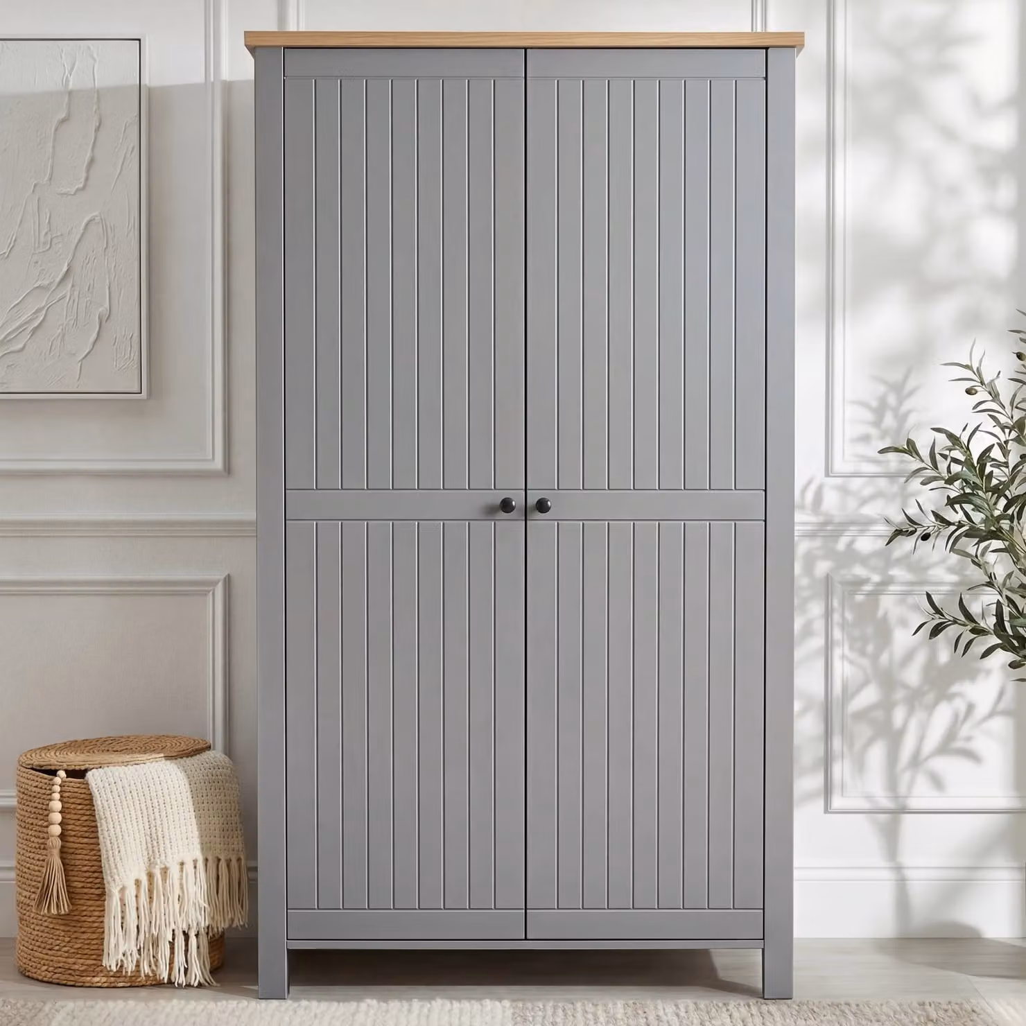 DHS Mid-Century Oak Grey and Black 2 Door Wardrobe with Soft Close Doors, Internal Shelves and Hanging Rod, H 186 cm x W 97.5 cm x D 55.5 cm