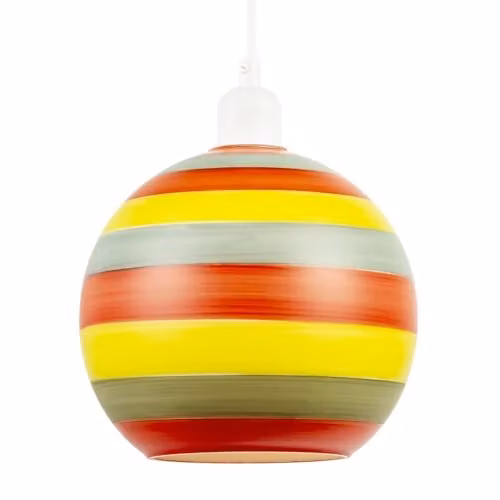 Happy Homewares Multicolour Striped Glass Sphere Pendant Lamp Shade in Red, Yellow and Grey with Retro Character, W/D/H: 20 x 20 x 18 cm